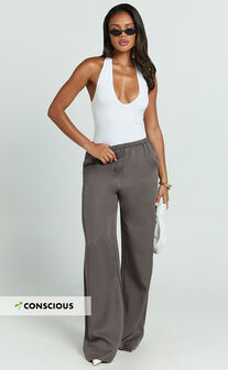 Grace Pants - Low Rise Elasticated Waist Wide Leg Pants in Slate Grey