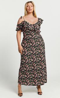 Giulia Midi Dress - One Shoulder Frill Detail Dress in Black Floral