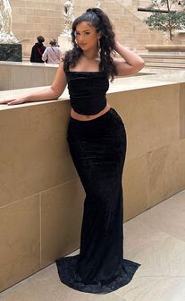 Suzette Two Piece Set - Velvet Corset Maxi Set in Black