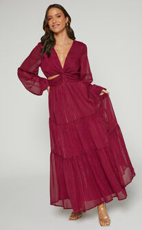 Edelyn Midi Dress - Cut Out Balloon Sleeve Tiered Dress in Burgundy
