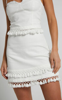Zehanie Mini Skirt - Tassel Trim A-line Skirt in White