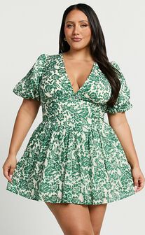 Nelli Mini Dress - Short Puff Sleeve Shirred Back Dress in Green Silhouette