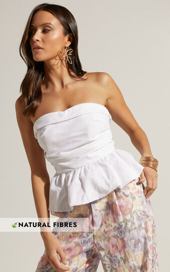 Amalie The Label - Cortez Linen Blend Strapless Sweetheart Ruched Bodice Peplum Top in White Amalie the Label