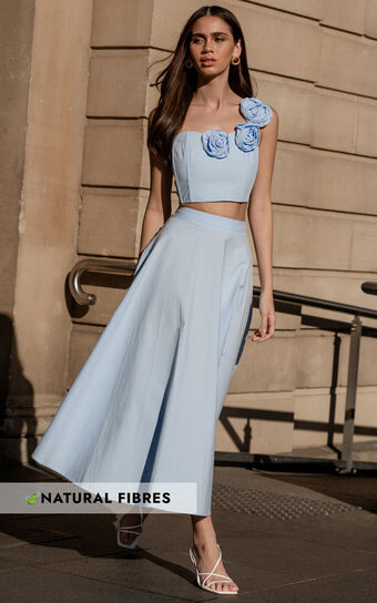 Claire Two Piece Set - One Shoulder Rosette Detail Crop Top And A Line Skirt Set in Powder Blue Showpo