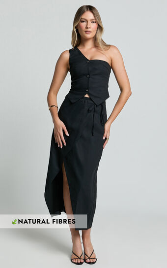 Claudia Two Piece Set - Linen Look One Shoulder Button Down Top and Midi Skirt Set in Black