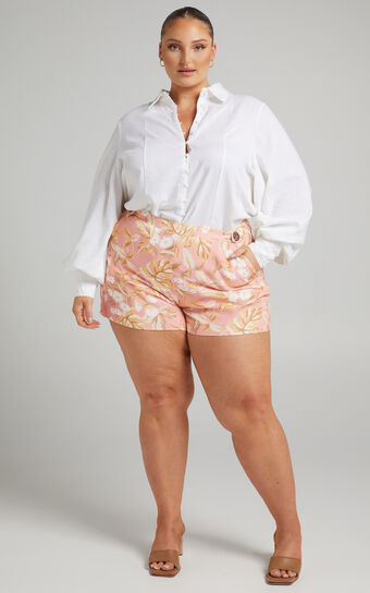 Amalie The Label - Abilene Linen Look Button Waist Tailored Shorts in Pink Floral