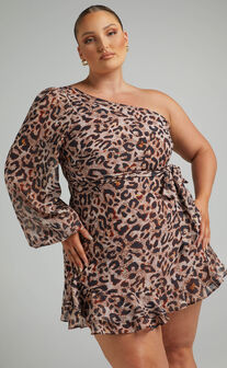 Sherlena Mini Dress - One Shoulder Dress in Leopard