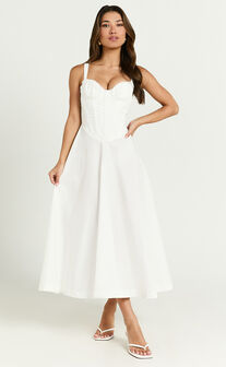 Jonas Midi Dress - Ruched Corset Lace Trim Dress in Ivory