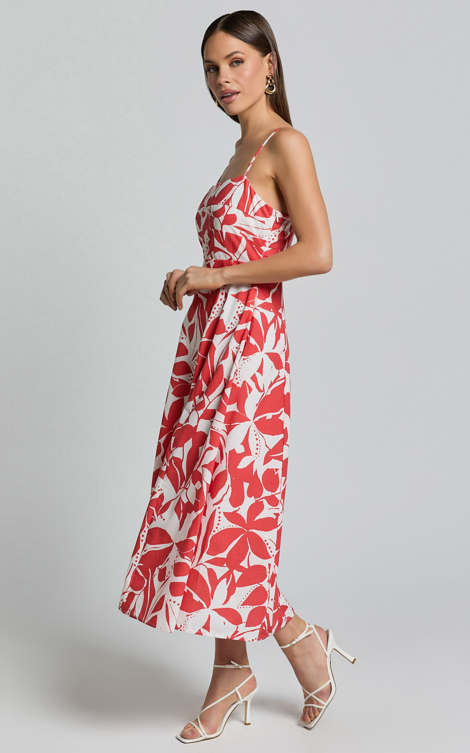 Red floral fit and flare dress sales