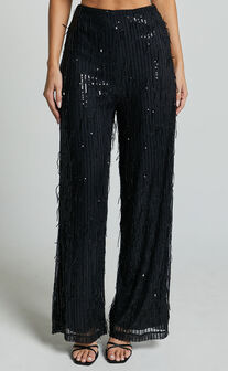 Claudette Pants - High Waist Wide Leg Fringe Sequin Pants in Black