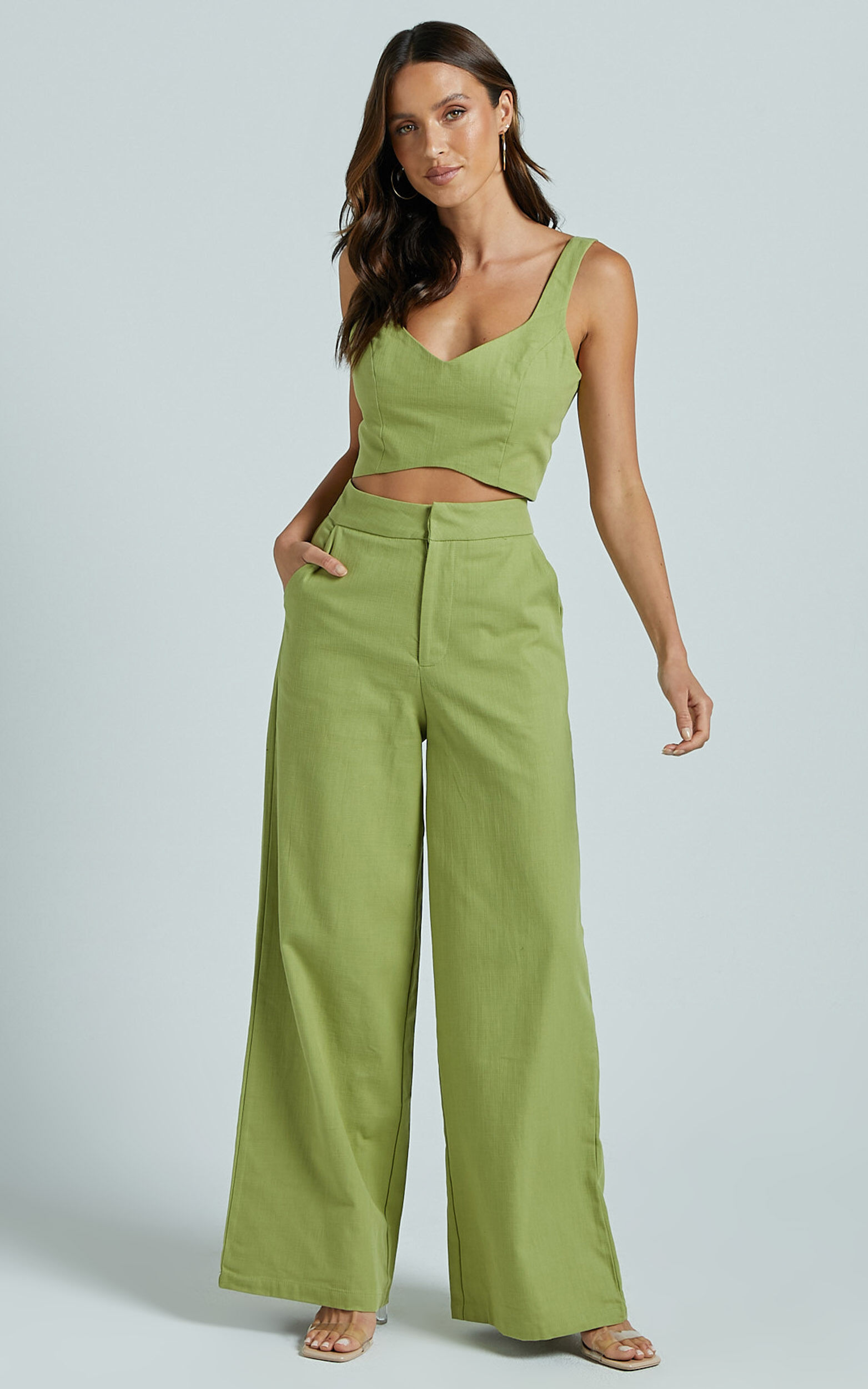 Kiky Two Piece Set - Curve Fitted Crop High Waisted Pant in Celery - 06, GRN1