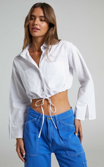 Lynessa Shirt - Long Sleeve Cropped Drawstring Shirt in White