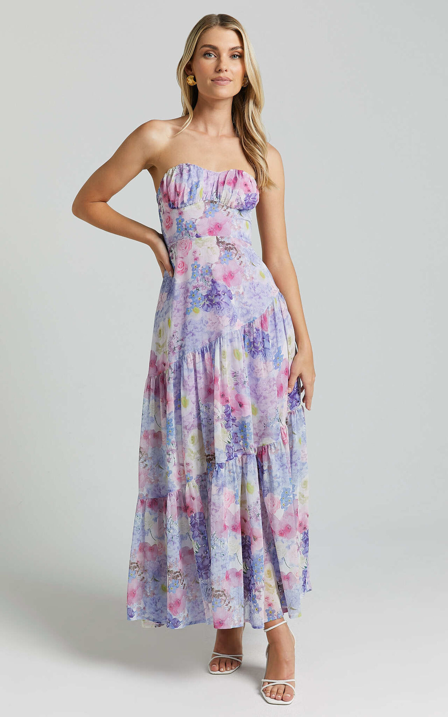 Rheanny Maxi Dress - Sweetheart Strapless Tiered Dress in Pink Purple Floral - 06, PNK1