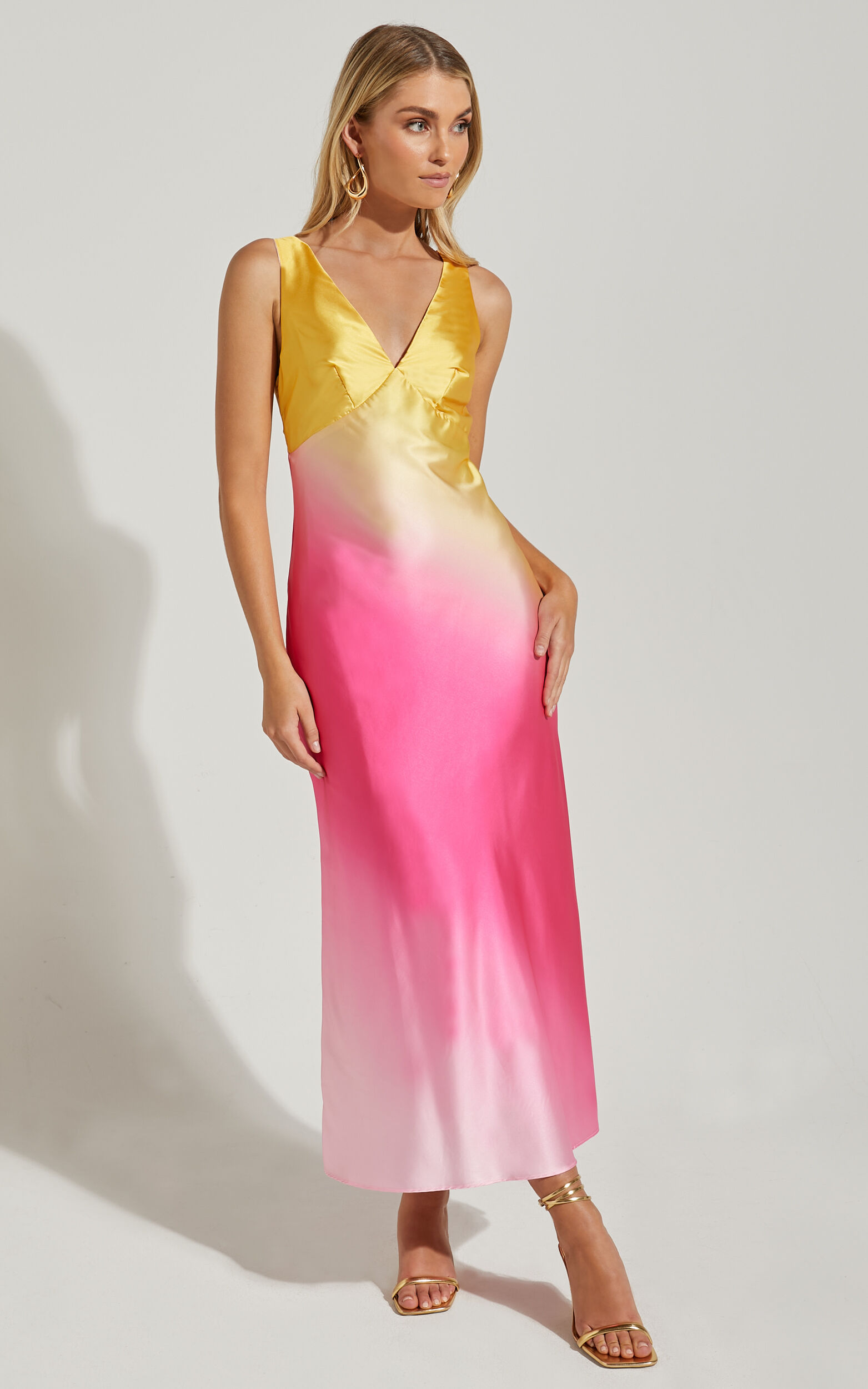 Erika Midi Dress V Neck Satin Slip Dress in SUNSET OMBRE