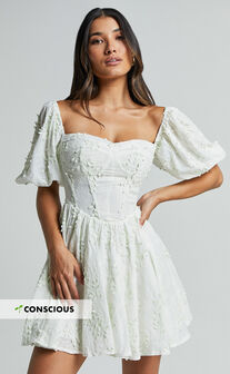 Esthela Mini Dress - Embroidered Square Neck Short Puff Sleeve Corset in Pale Mint