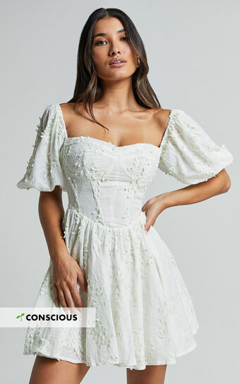 Esthela Mini Dress Embroidered Square Neck Short Puff Sleeve Corset in Pale Mint