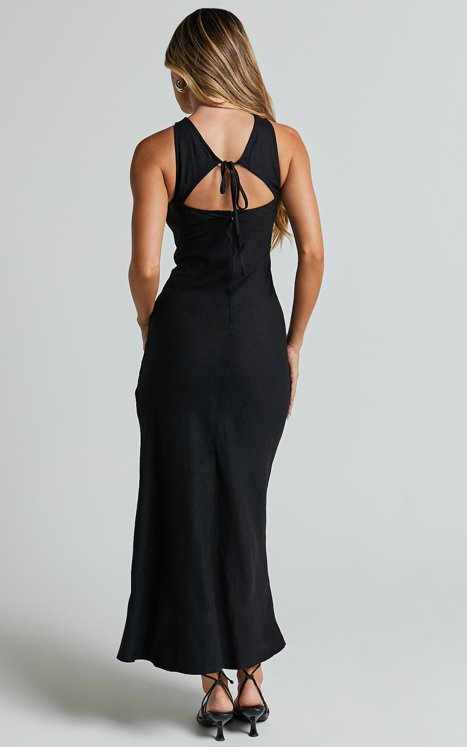 Fernley Midi Dress - Linen Look Racer Neck Slip Dress in Black | Showpo USA
