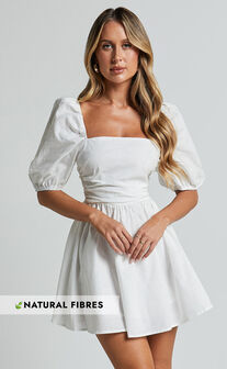 Claudina Mini Dress - Linen Look Puff Sleeve Ruched Bodice Dress in White