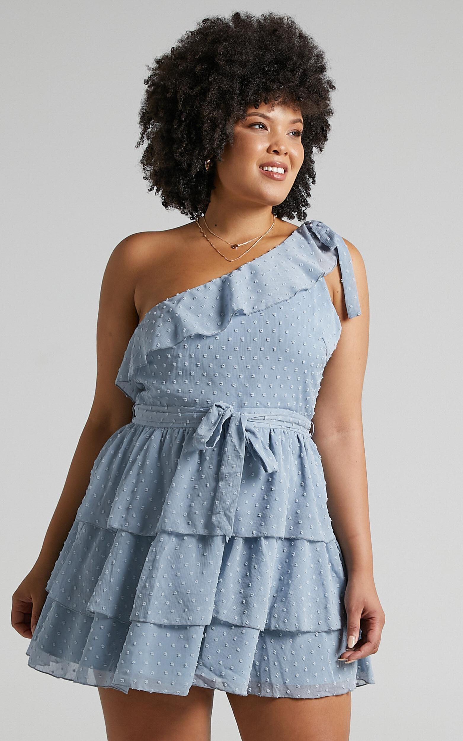 Darling I Am A Daydream Mini Dress - One Shoulder Ruffle Dress in Powder Blue - 04, BLU5