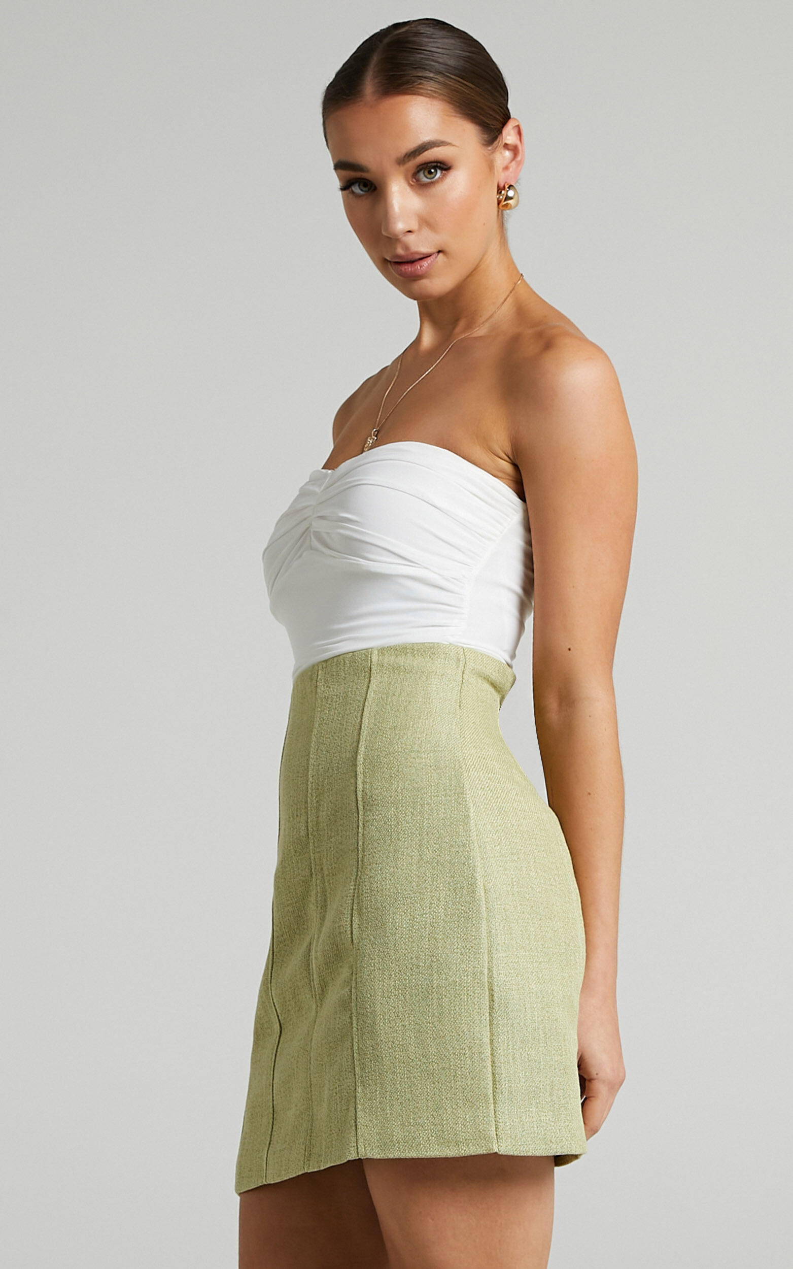 Miree Mini Panelled Tweed Skirt in Green