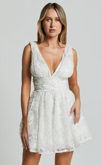 Abigal Mini Dress -Plunge Tie Back Sequin Embroidery Dress in Ivory