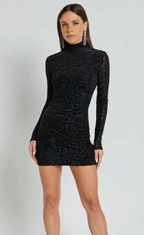 Lili Mini Dress - Burnout Ruched Wrap Mini Dress in Black