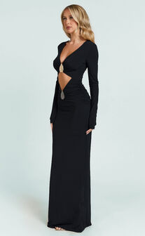 Dakota Maxi Dress - Long Sleeve V Neck Bodycon Dress in Black