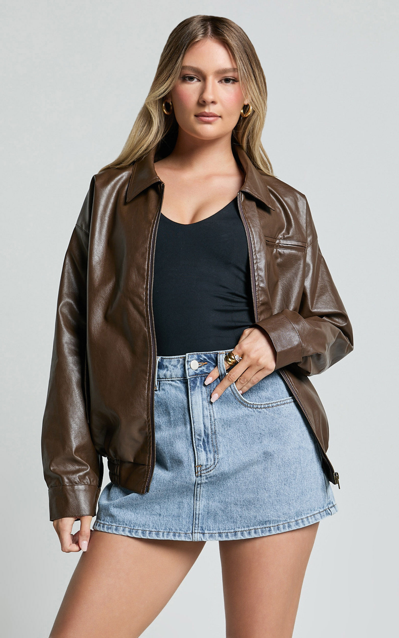 【関税&送料込】Chloe Brown Polyester Blend Bomber Jacket Chloe Jacket - Faux Leather Bomber Jacket in Brown | Showpo