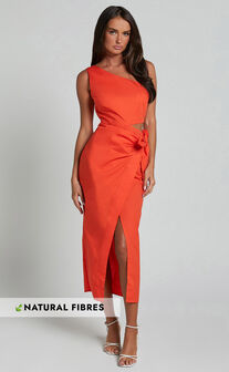Rina Midi Dress - One Shoulder Side Cut Out Wrap Dress in Orange