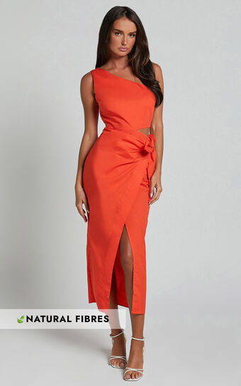 Rina Midi Dress - One Shoulder Side Cut Out Wrap Dress in Orange Showpo
