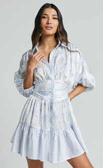Amabella Mini Dress - 3/4 Sleeve Collared Button Up Dress in Blue