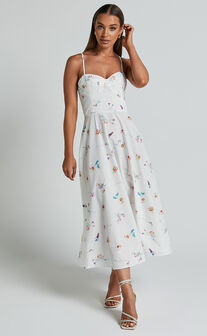 Robertson Midi Dress - Strappy Sweetheart Bustier Flare Dress in Painterly Wild Flower