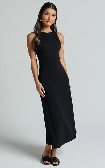 Rodolphe Midi Dress - Crew Neck Ribbed Sleeveless in Black