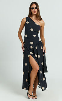 Darlynne Midi Dress - One Shoulder Dress in Black Polkadot