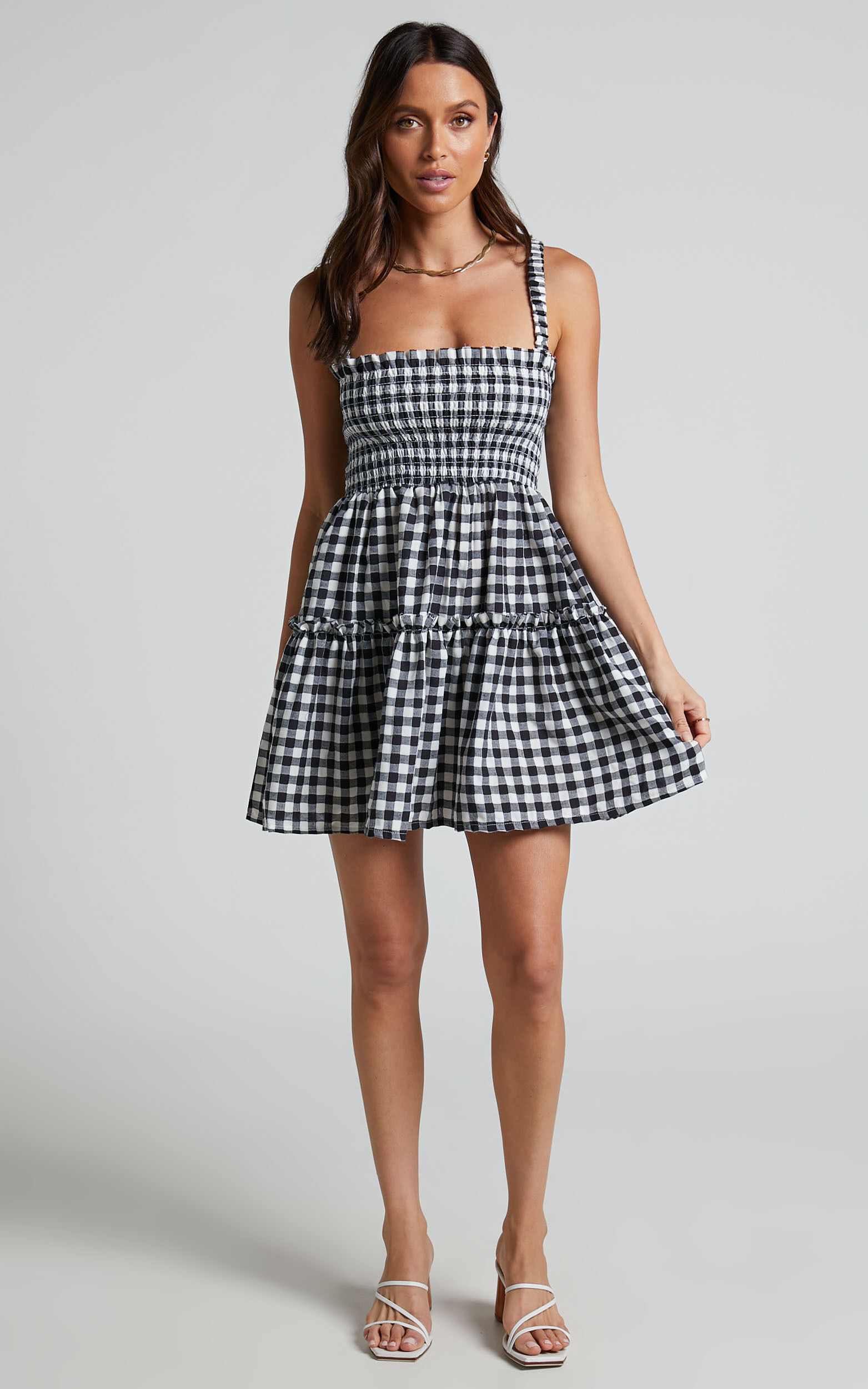 Wilda Mini Dress Shirred Tiered Dress in Black and White Check Showpo