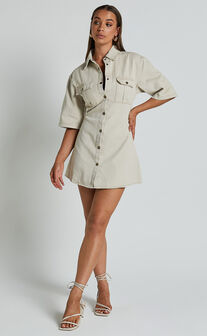 Leilani Mini Dress - Denim Short Sleeve Button Up Dress in Natural