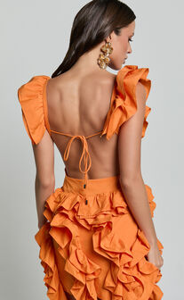 Amalie The Label - Lilou Ruffle Detail Cut Out Mini Dress in Orange