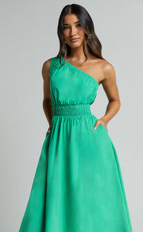 Yulia Midi Dress - One Shoulder Shirred Waist Dress in Green