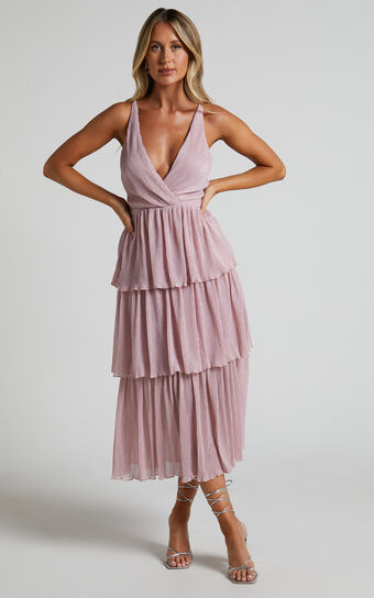Cayla Midi Dress - V Neck Wrap Tiered Sheer Dress in Pink