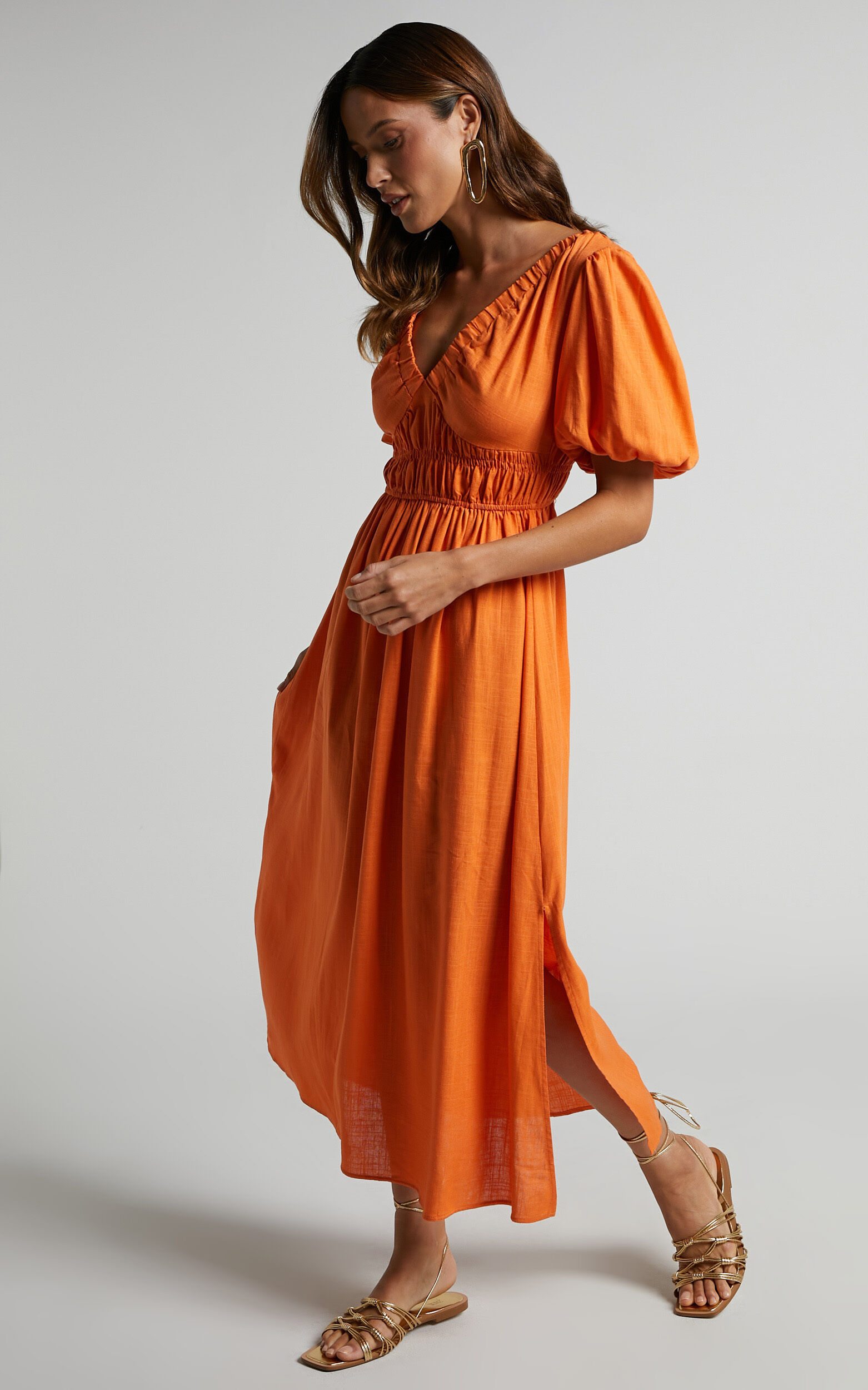 Lorella Midi Dress Puff Sleeve Plunge Neck Dress in Orange