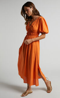 Lorella Midi Dress - Puff Sleeve Plunge Neck Dress in Orange