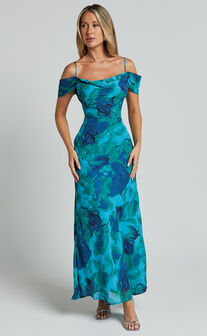 Blythe Maxi Dress - Off Shoulder Sweetheart Slip Dress in Green/Blue Print