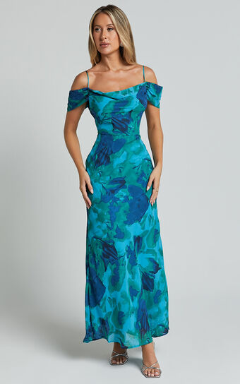 Blythe Maxi Dress - Off Shoulder Sweetheart Slip Dress in Green/Blue Print 