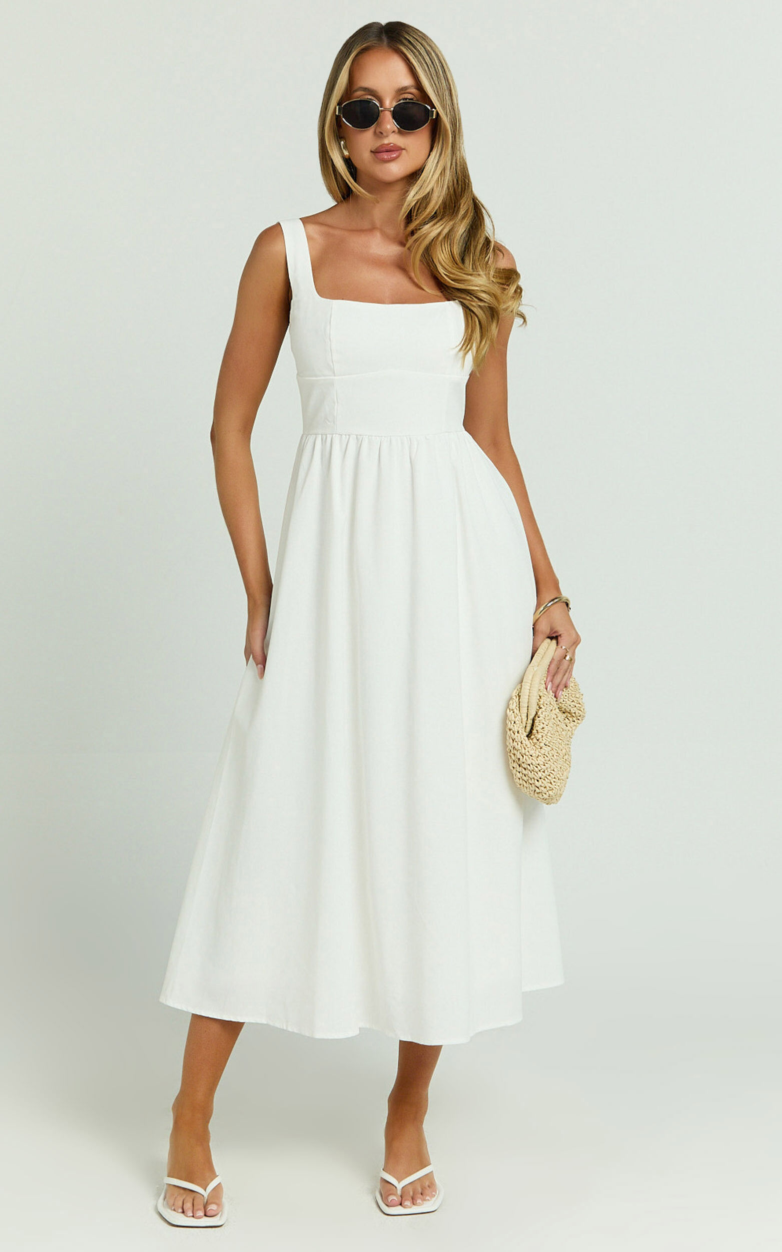 Khari Midi Dress - Linen Look Square A Line Dress in White - 06, WHT1