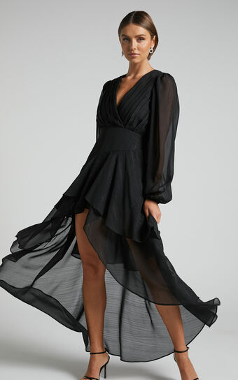 Claudita Midi Dress - Long Sleeve High Low Hem Dress in Black