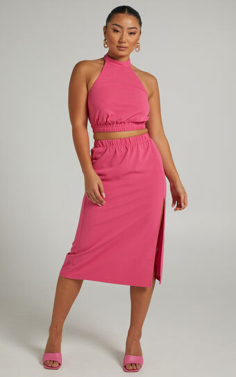 Lerah Midi Skirt - Elastic Waist Skirt in Hot Pink