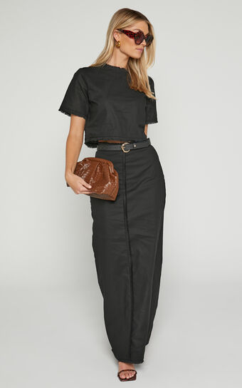 Tisdale Two Piece Set - Linen Look Scoop Neck Short Sleeve Cropped Top and Maxi Skirt in Black
