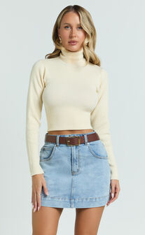 Natalie Top - Long Sleeve Roll Neck Knitted Top in Cream