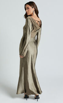 Arriana Midi Dress - Long Sleeve Cowl Back Satin Dress in Dark Olive