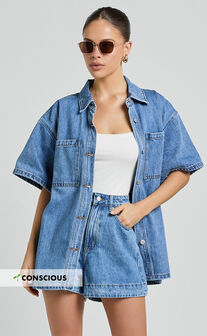 Rhianna Top - Oversized Recycled Denim Hardware Detail Short Sleeve Shirt in Mid Blue Wash